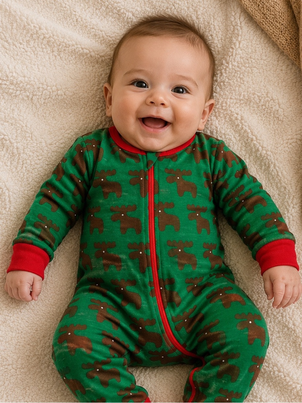 Green Moose Print Zip-Front Footie with Red Trim A-02